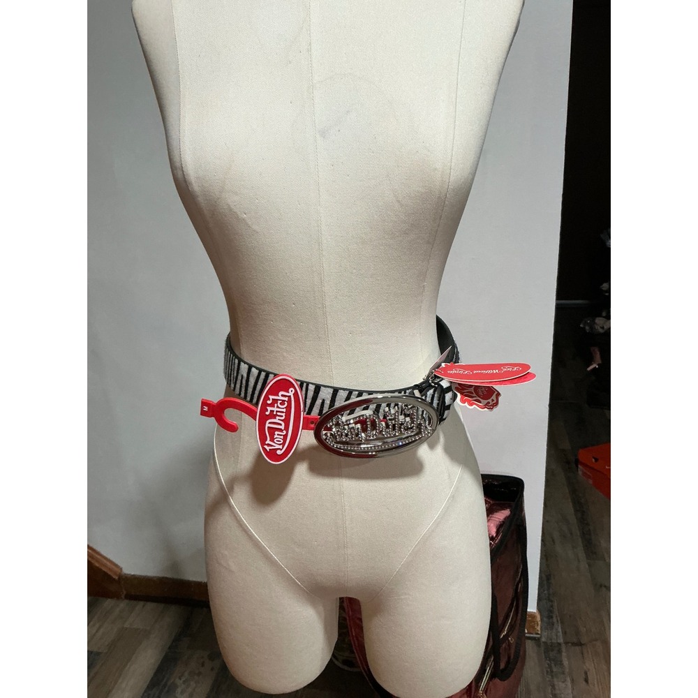 Von Dutch Zebra Print Faux Fur Rhinestone Logo Buckle Belt Y2K Coquette NWT M